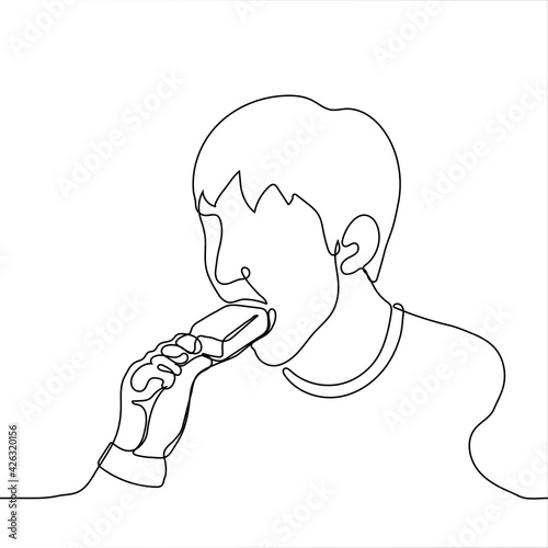 guy bites ice cream on a stick - one line drawing. a man greedily eats a popsicle, his mouth wide open in which the guy shoves a whole popsicle