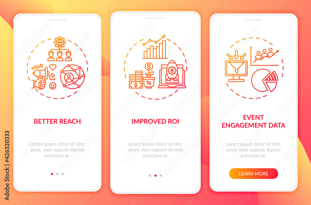 Hybrid gathering benefits onboarding mobile app page screen with concepts. ROI, event data walkthrough 3 steps graphic instructions. UI, UX, GUI vector template with linear color illustrations