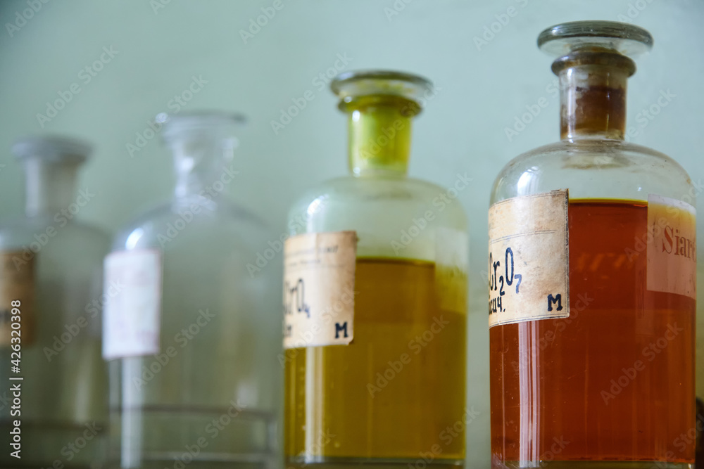 Old chemical laboratory. Photo of an old laboratory with a lot of bottles and dirt Old chemical laboratory. Photo of an old laboratory with a lot of bottles and dirt