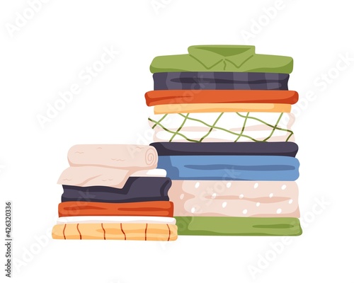 Stack of neat and clean clothes. Pile of neatly folded shirts, tshirts, jeans, trousers, pants and bath towels. Flat cartoon vector illustration isolated on white background