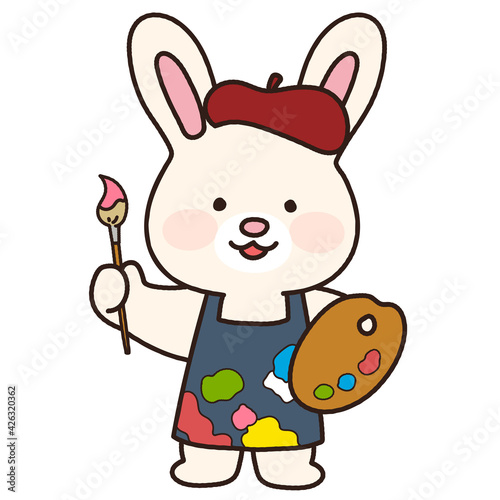 Adorable bunny holding a painting brush and a paint palette outlined