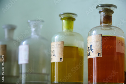 Old chemical laboratory. Photo of an old laboratory with a lot of bottles and dirt