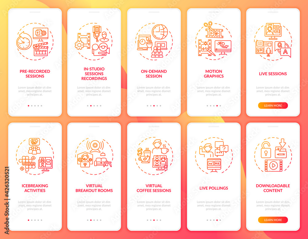 Online sessions onboarding mobile app page screen with concepts set. Remote conferences, meetings walkthrough 5 steps graphic instructions. UI, UX, GUI vector template with linear color illustrations