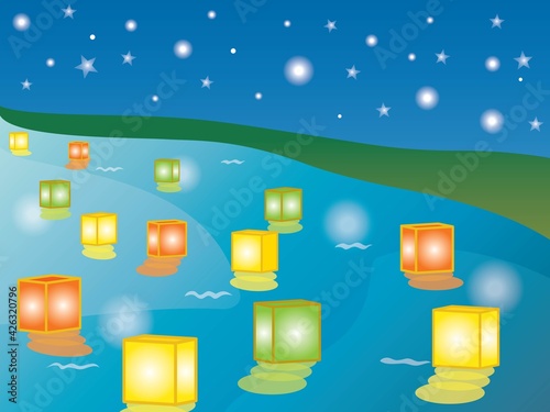 星空バックの灯ろう流しのイラスト