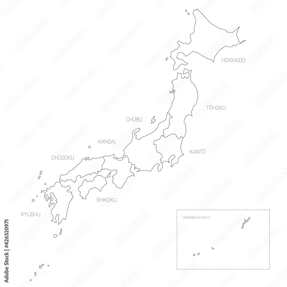 Japan - political map of regions Japan - political map of regions