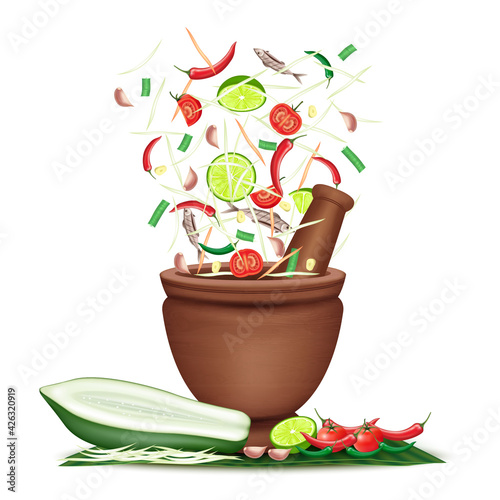 Som Tum Thai food, Green Papaya salad and spices pepper, tomato, lemon and garlic on white background. Vector EPS10 Illustration 