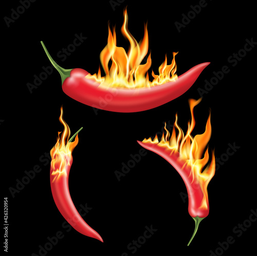 Red chili pepper with fire on solid color background. Emblem spicy food hot. 3D Vector EPS10 illustration.