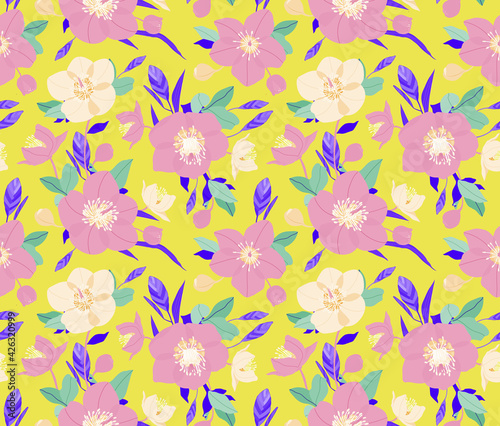 Seamless floral pattern of pink Hellebores on yellow background