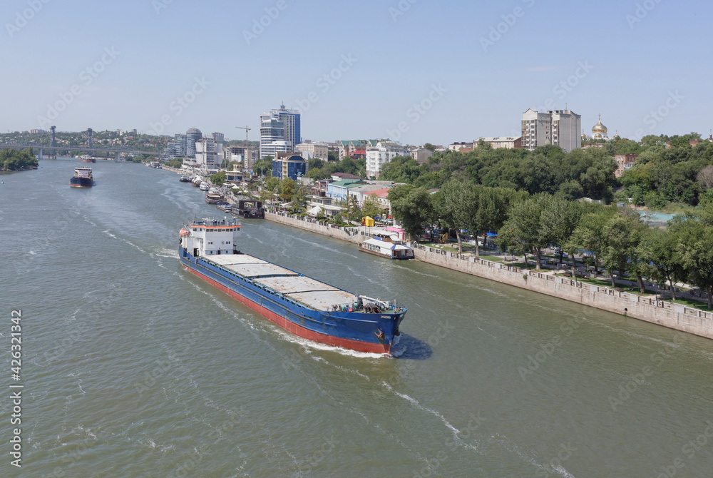 Fototapeta premium Swimming cargo ships on the river in Rostov-on-Don