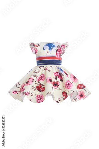 Elegant dress for a girl with flowers on a white background. Clothing for children