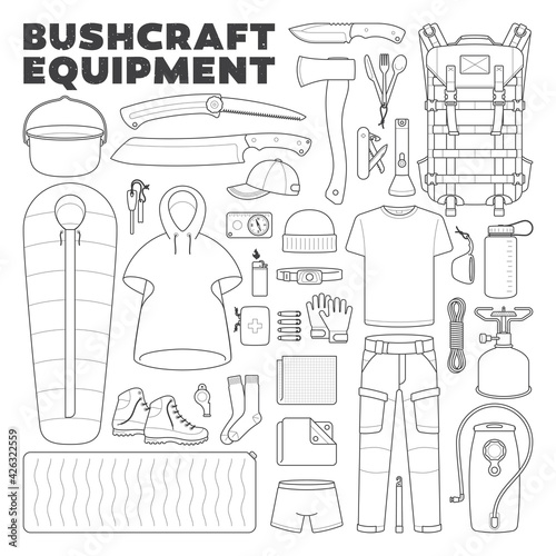 Vector list icons of bushcraft (survival) equipment. Isolated on white background.