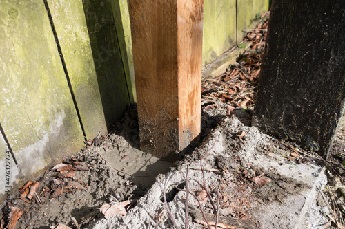 Foto Wooden fence post being concreted into the ground for fence repair