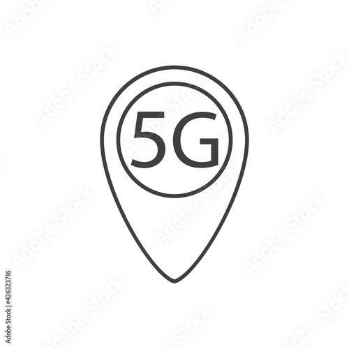 Logotipo de red inalámbrica o wifi de alta velocidad. Texto 5G en puntero con lineas de color gris