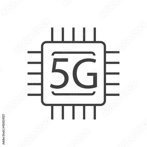 Logotipo de red inalámbrica o wifi de alta velocidad. Texto 5G en procesador con circuito digital con lineas de color gris