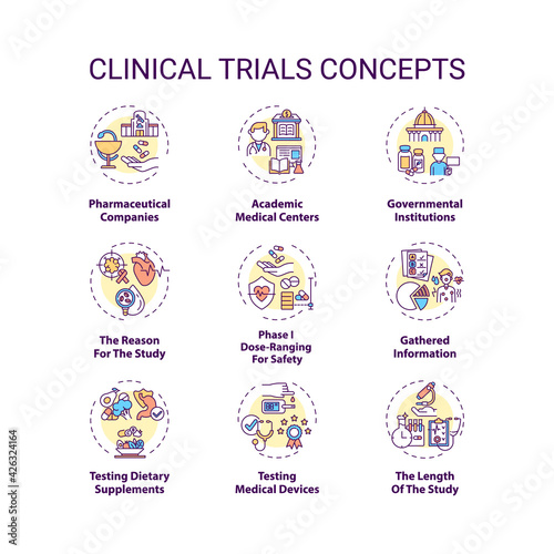 Clinical trials concept icons set. Medical research studies idea thin line RGB color illustrations. Pharmaceutical companies. Phases. Testing drugs. Vector isolated outline drawings. Editable stroke
