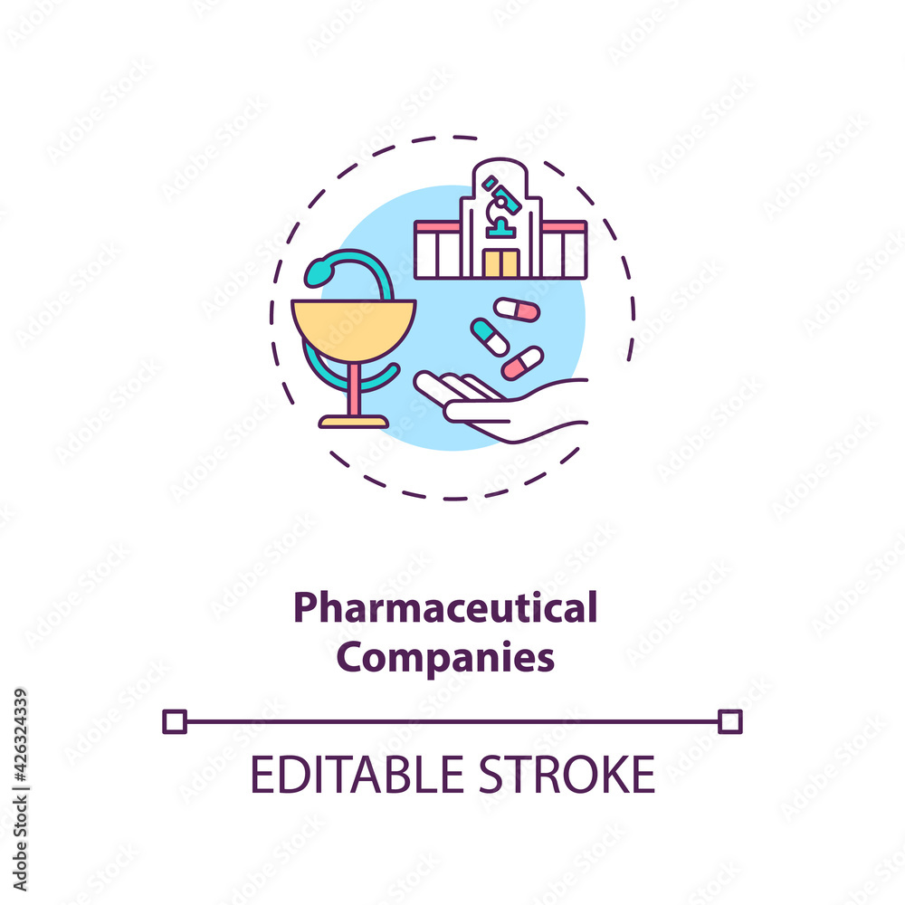 Pharmaceutical companies concept icon. Trials sponsorship idea thin line illustration. New medications discovery, development, distribution. Vector isolated outline RGB color drawing. Editable stroke