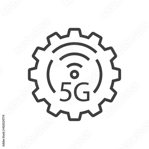 Logotipo de red inalámbrica o wifi de alta velocidad. Engranaje con texto 5G con olas con lineas de color gris