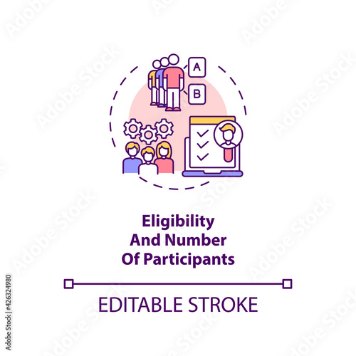 Eligibility and participants number concept icon. Clinical trial protocol idea thin line illustration. Volunteers identifying and recruiting. Vector isolated outline RGB color drawing. Editable stroke