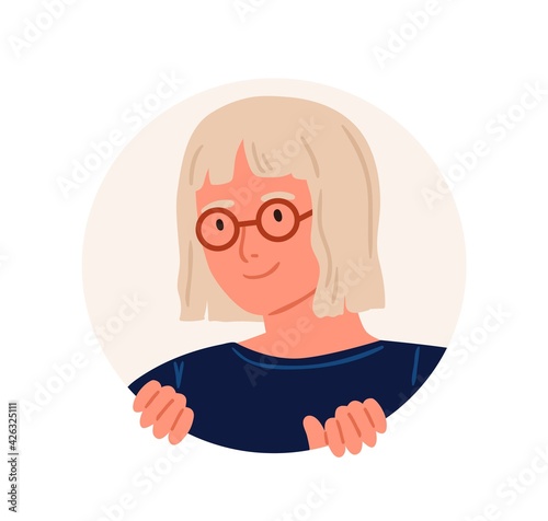 Curious person peeping from behind round hole, searching and watching for smth. Portrait of happy young woman in eyeglasses peeking and looking from circle. Flat vector illustration isolated on white