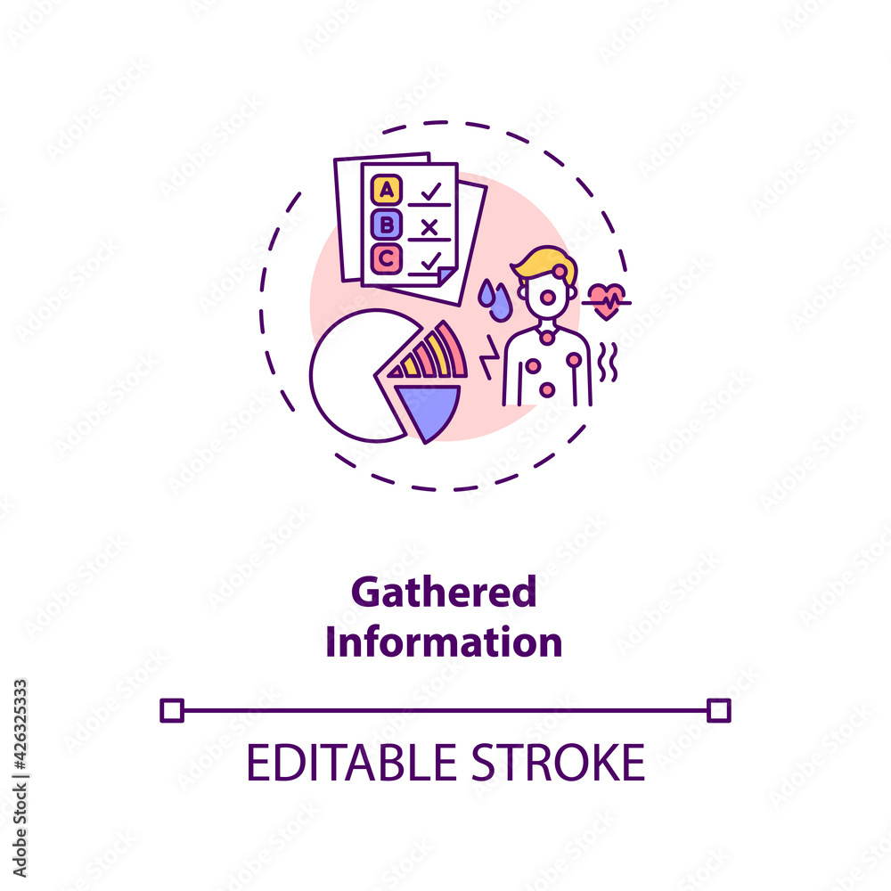Gathered information concept icon. Protocol component idea thin line illustration. Study-level trial data. Medicine safety assessment. Vector isolated outline RGB color drawing. Editable stroke
