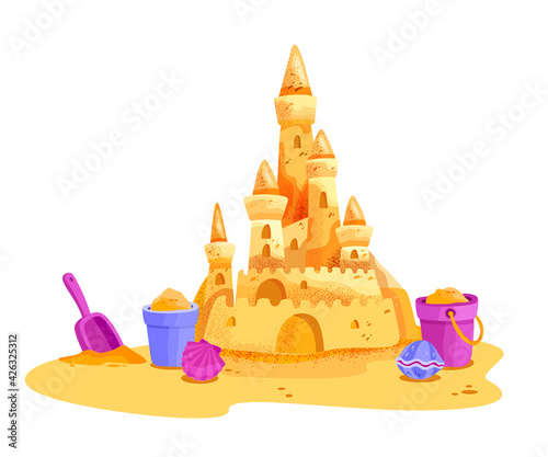 Sand castle vector summer beach illustration, cartoon vacation kids clipart, yellow towers, bucket, shovel. Childhood seashore game concept isolated on white. Sand castle, fairy fortress sculpture