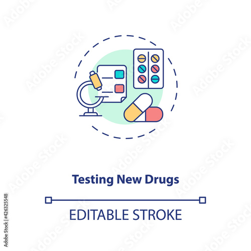 Testing new drugs concept icon. Clinical trials type idea thin line illustration. Pharmaceutical industry. Monitoring medicine safety. Vector isolated outline RGB color drawing. Editable stroke