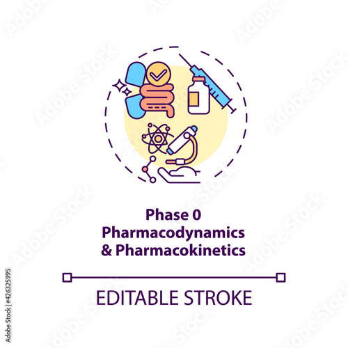 Pharmacodynamics and pharmacokinetics concept icon. Clinical trials phase 0 idea thin line illustration. Gathering preliminary data. Vector isolated outline RGB color drawing. Editable stroke