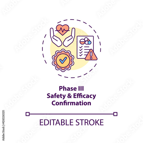 Safety and efficacy confirmation concept icon. Clinical trials phase 3 idea thin line illustration. Final stage. Monitoring adverse effects. Vector isolated outline RGB color drawing. Editable stroke