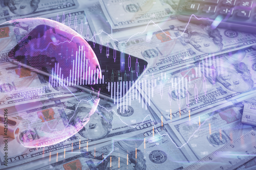 Fototapeta premium Double exposure of forex graph drawing over us dollars bill background. Concept of financial markets.