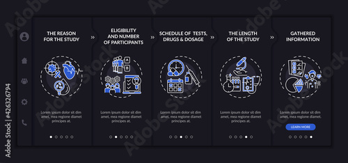 Research protocol parts onboarding vector template. Responsive mobile website with icons. Web page walkthrough 5 step screens. Reason, length study night mode concept with linear illustrations