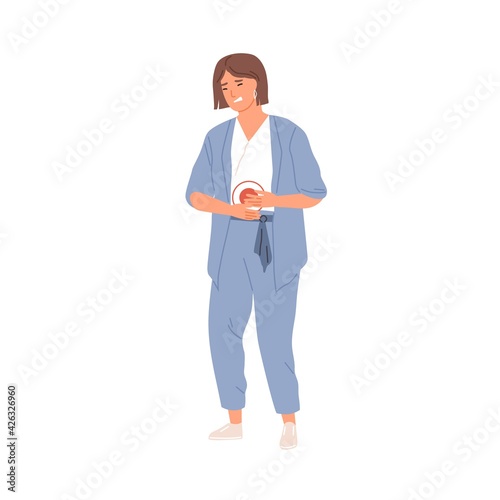 Woman suffering from stomach ache and holding her hands on belly. Person with abdominal pain. Stomachache or discomfort during menstrual period. Colored flat vector illustration isolated on white