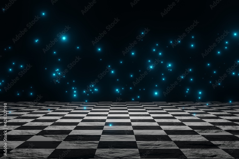 3D rendering. Black And White Checker floor Grunge Room. Checker floor empty space.