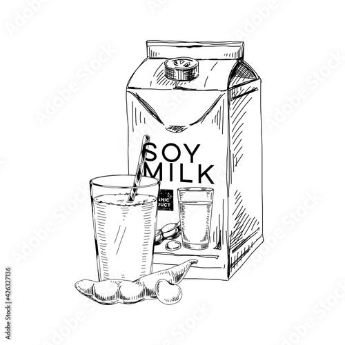 Soy milk package and glass with straw, retro hand drawn vector illustration.