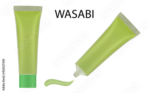 Set of wasabi sauce tubes with green cap and smear. Sushi serving. Japanese cuisine. Bottle of spicy sauce