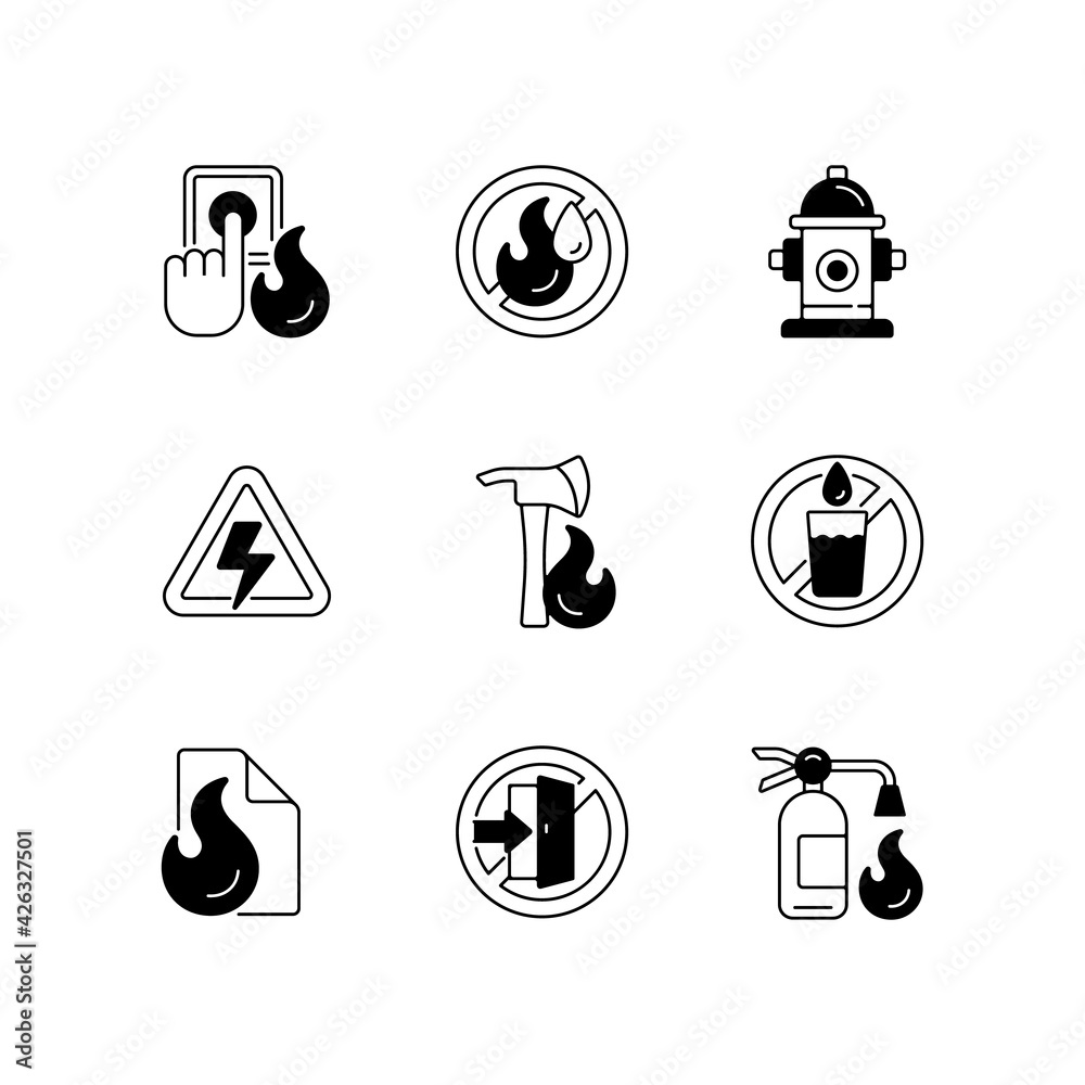 Fire emergency black linear icons set. Alarm button. High voltage. Use