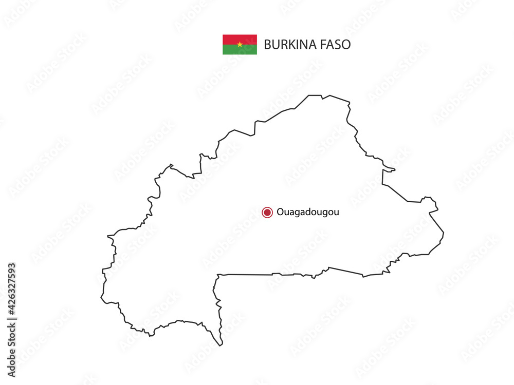 Hand draw thin black line vector of Burkina Faso Map with capital city Ouagadougou on white background.