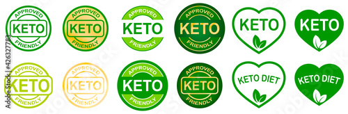 Set of keto stamps. Love keto. Ketogenic diet. Plant based vegan food product label. Green heart-shaped stamp. Logo or icon. Sticker. Vegetarian.Keto approved friendly. 2 small leaves