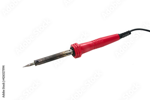 red soldering iron for soldering electronics, on a white background