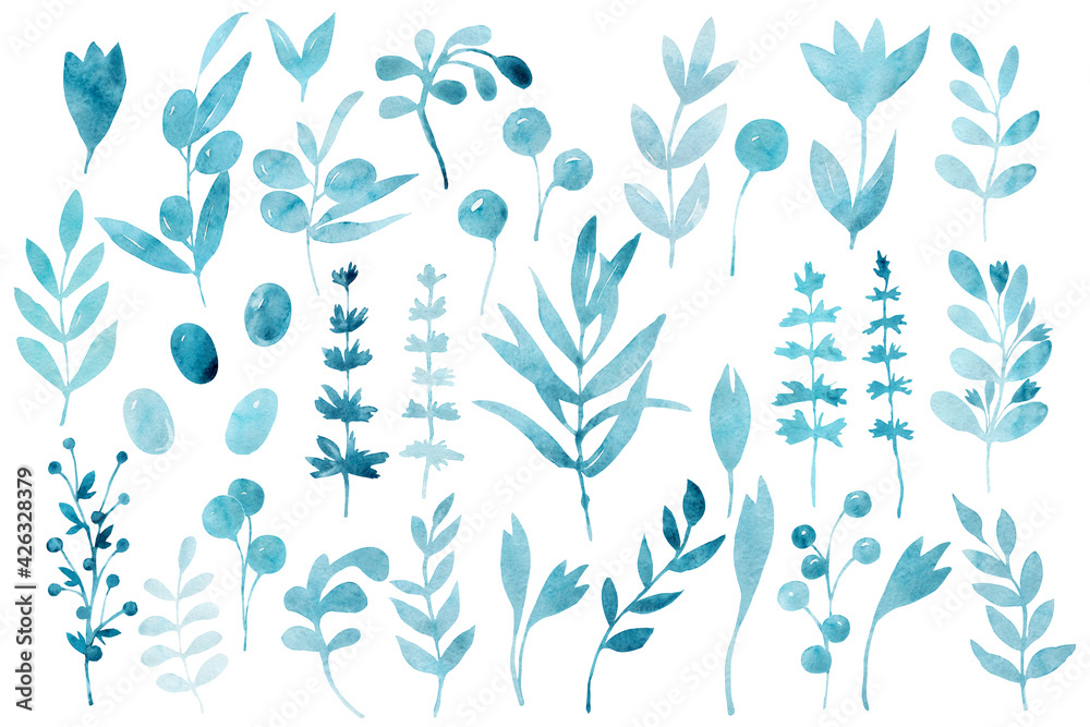 Large set of leaves, twigs, flower. Monochrome hand drawn watercolor illustration isolated on white background. Design for postcards, weddings, template, social networks, invitations, congratulations Large set of leaves, twigs, flower. Monochrome hand drawn watercolor illustration isolated on white background. Design for postcards, weddings, template, social networks, invitations, congratulations