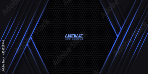 Dark abstract vector background with black hexagon carbon fiber. Futuristic background with blue luminous neon lines. Gaming sporty modern backdrop.