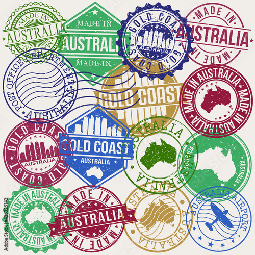 Gold Coast Australia Set of Stamps. Travel Stamp. Made In Product. Design Seals Old Style Insignia.