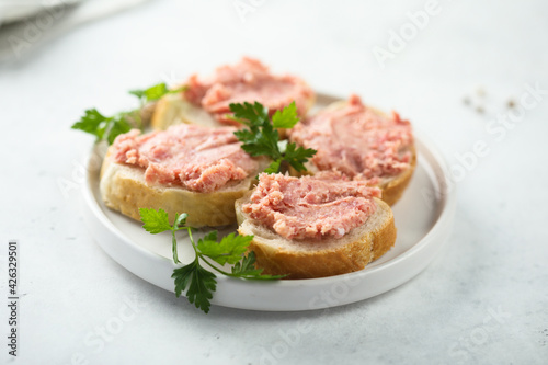 Traditional German pork pate on a white bread photo