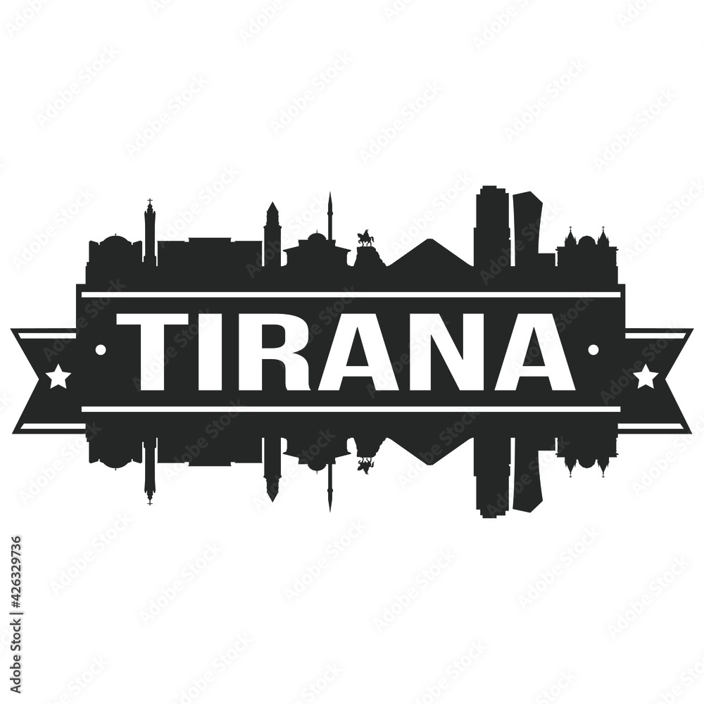 Tirana Albania Skyline City Banner Vector Design Silhouette Art. Stencil illustration Horizon.