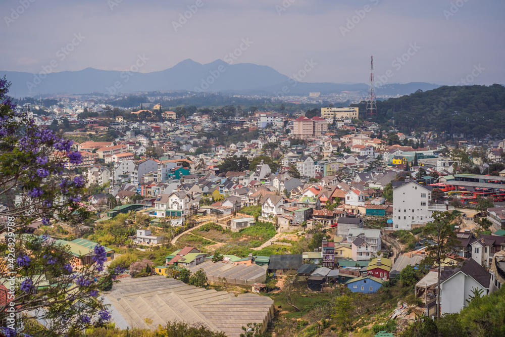 Obraz premium Aerial view of Dalat city. The city is located on the Langbian Plateau in the southern parts of the Central Highlands region of Vietnam