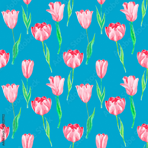 Pink petal Tulip flower seamless pattern, illustration watercolor drawing