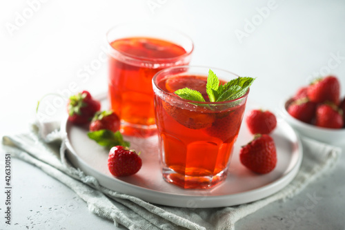 Refreshing homemade strawberry drink with mint