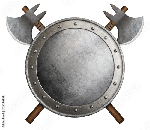 medieval round shield and crossed axes isolated 3d illustration photo