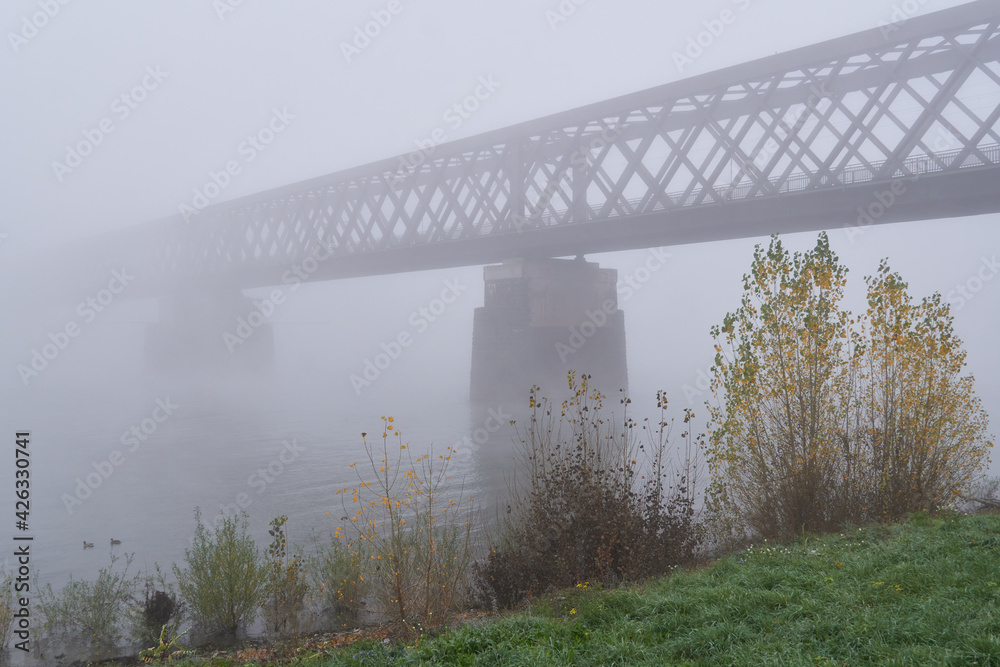Naklejka premium Eisenbahnbrücke über den Rhein verschwindet im dichten Nebel