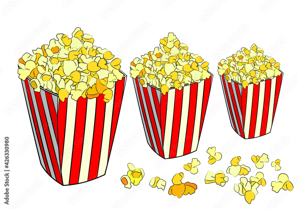 Popcorn in a paper cup on the table, vector image.