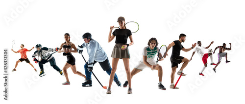 Fototapeta Naklejka Na Ścianę i Meble -  Collage of different professional sportsmen, fit people in action and motion isolated on white background. Flyer.